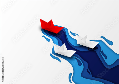 Business leadership ,financial concept. paper boat red leadership to sea go to success goal. paper art style. creative idea. vector ,illustration.