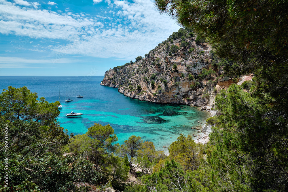 Cala Blanca Andratx picturesque landscape turquoise sea rocky mountains, Mallorca, Spain