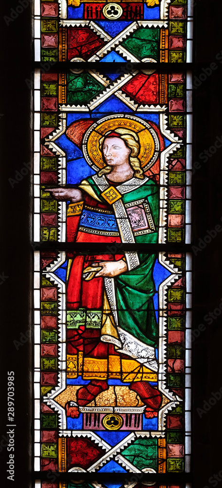 Saint Tobias, stained glass window in the Basilica di Santa Croce in Florence, Italy