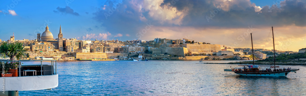 Skyline view of Valletta ancient city at sunset. Malta