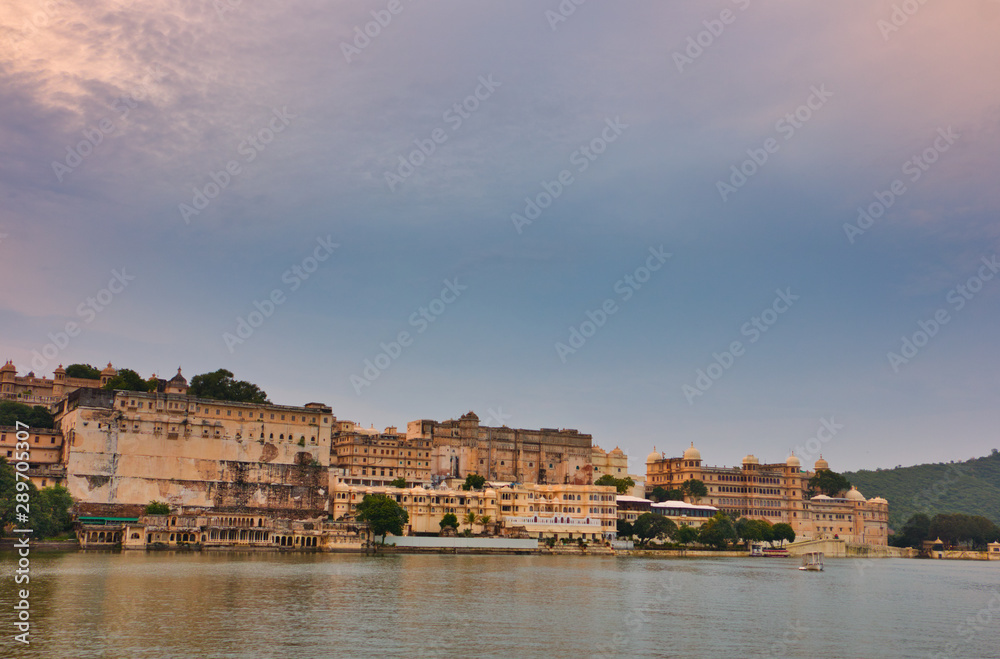 View of City Palace & Palace Hotels from Gangaur Ghat, Udaipur, Rajasthan, India