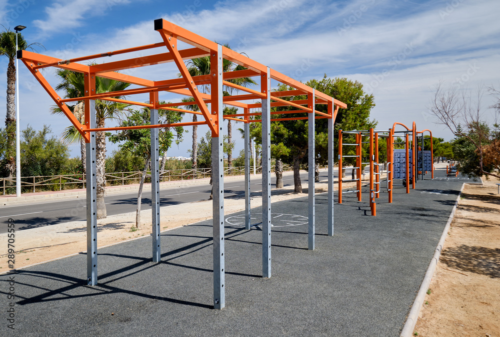 Empty outdoors gym, street workout equipment Empty outdoors gym, street workout equipment