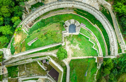 Aerial view of the outer fortifications of Trencin castle with gate tower and barbican in Slovakia