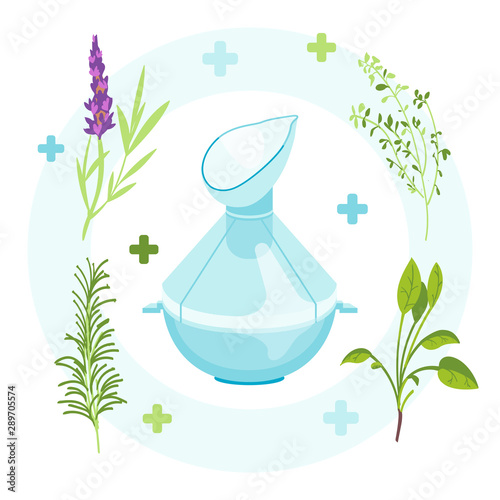 bronchitis Inhaler with herbs. Steam bronchitis, astma inhalation. storage tank inhaler for home evaporation multipart pair. vector illustration