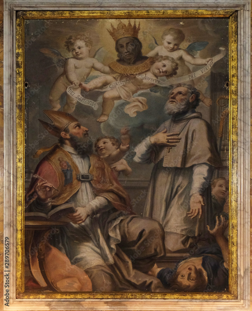 An unknown painter of the 17th century representing Holy Face, Saint Augustine and Saintt Ubaldo, Basilica of San Frediano, Lucca, Tuscany, Italy An unknown painter of the 17th century representing Holy Face, Saint Augustine and Saintt Ubaldo, Basilica of San Frediano, Lucca, Tuscany, Italy