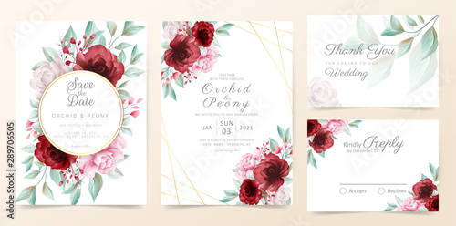 Floral wedding invitation card template set with watercolor flowers and golden decoration