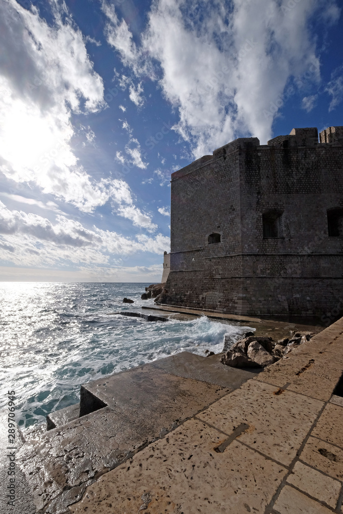 Defense walls of the old town of Dubrovnik, a well-preserved medieval fortress and a popular tourist destination, Croatia