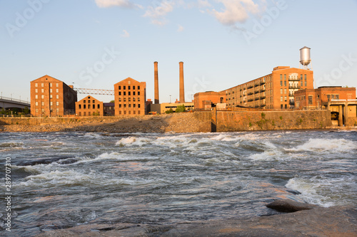 Chattahoochee River rapids and old cotton mills in Columbus, Georgia.