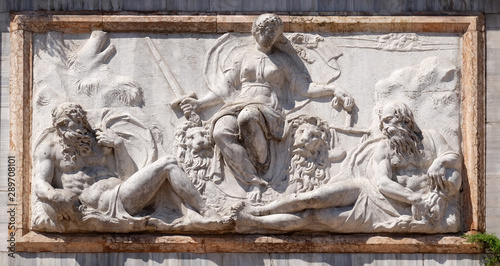 Relief representing Venice as Justice from the Loggetta by Jacopo Sansovino, under the Campanile di San Marco, Venice, Italy photo