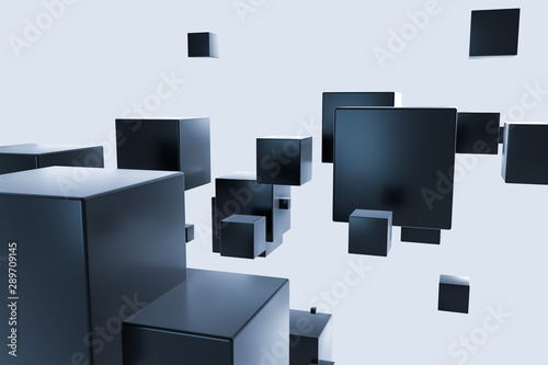 Dark cubes randomly distributed in the air  3d rendering.