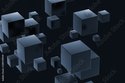Dark cubes randomly distributed in the air  3d rendering.