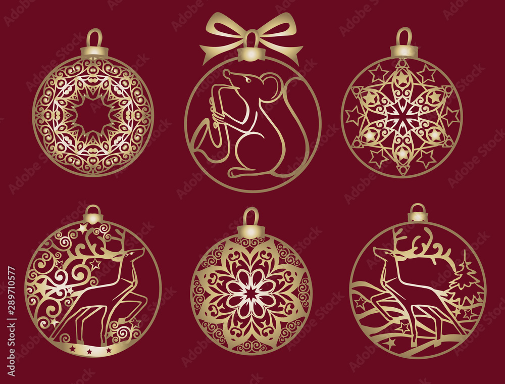 Set of golden christmas balls for laser cutting. Symbol of the new year, rat. Set of golden christmas balls for laser cutting. Symbol of the new year, rat.