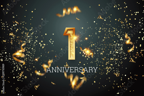 Golden numbers, 1 years anniversary celebration on dark background and confetti. celebration template, flyer. 3D illustration, 3D rendering