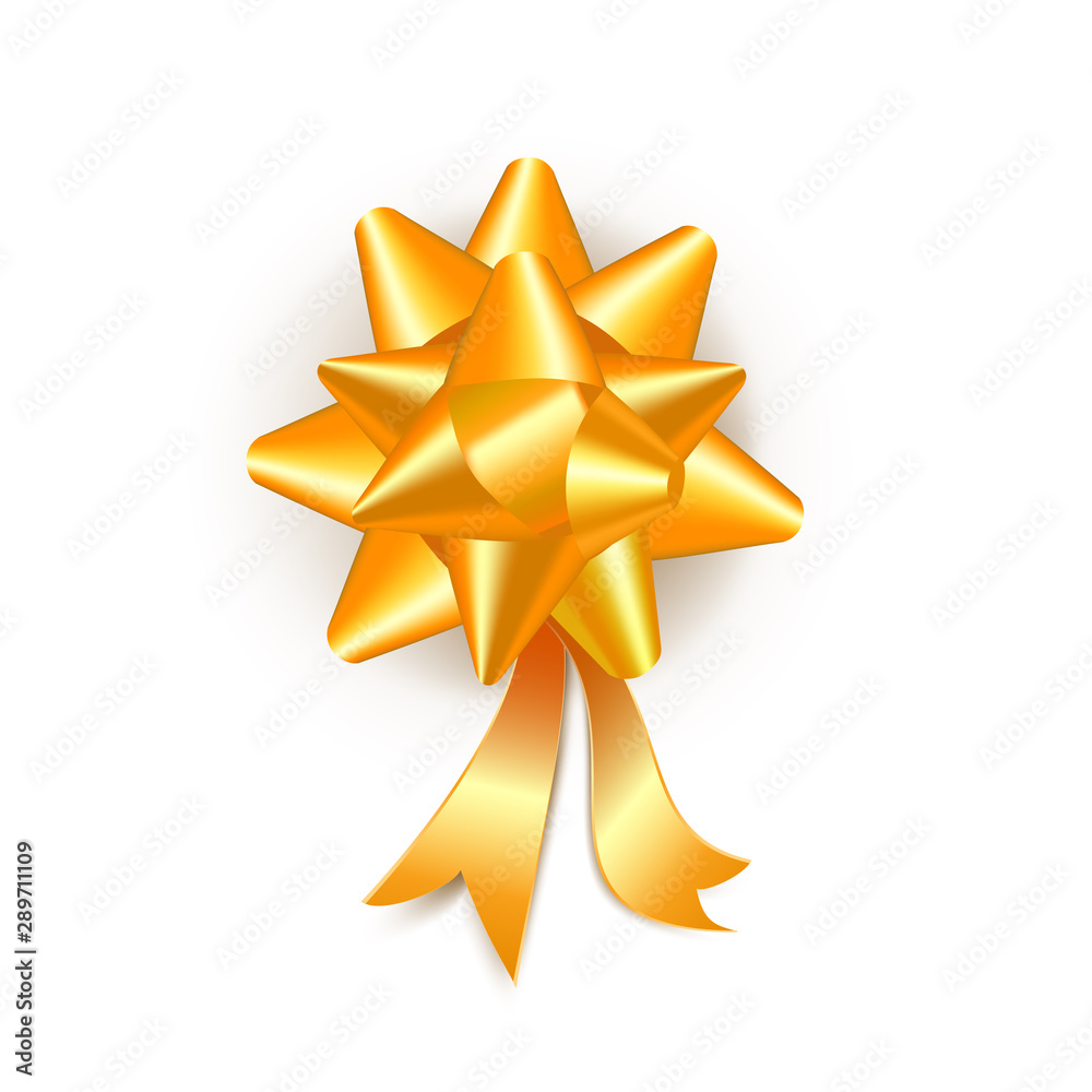 Realistic golden gift bow with ribbons isolated on white background. Design element for award ribbon, banner, poster, new year or christmas greeting cards, presents Realistic golden gift bow with ribbons isolated on white background. Design element for award ribbon, banner, poster, new year or christmas greeting cards, presents