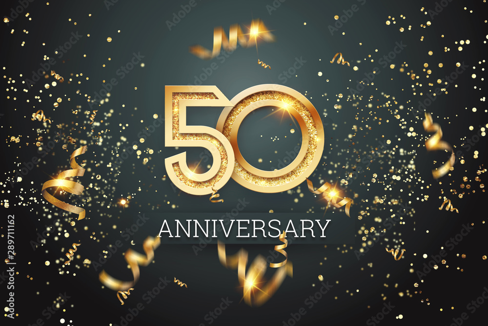 Golden numbers, 50 years anniversary celebration on dark background and confetti. celebration template, flyer. 3D illustration, 3D rendering - obrazy, fototapety, plakaty 