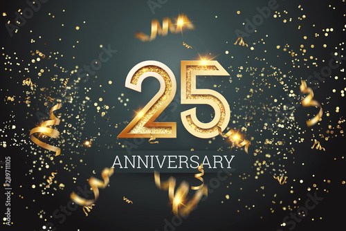 Golden numbers, 25 years anniversary celebration on dark background and confetti. celebration template, flyer. 3D illustration, 3D rendering