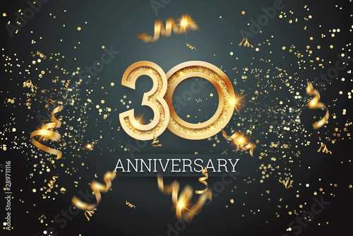 Golden numbers, 30 years anniversary celebration on dark background and confetti. celebration template, flyer. 3D illustration, 3D rendering photo