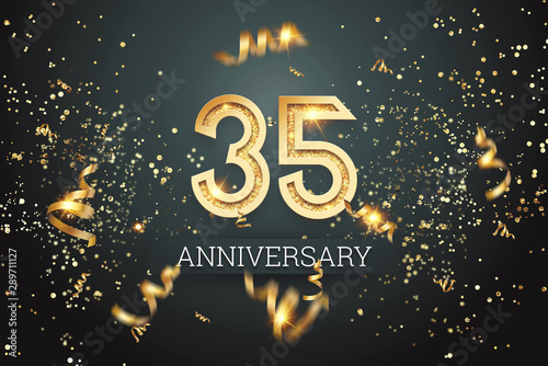 Golden numbers, 35 years anniversary celebration on dark background and confetti. celebration template, flyer. 3D illustration, 3D rendering photo