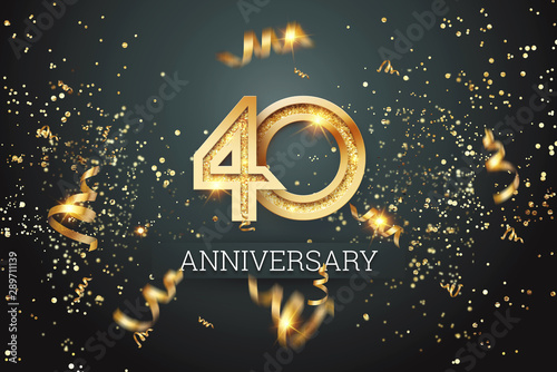 Golden numbers, 40 years anniversary celebration on dark background and confetti. celebration template, flyer. 3D illustration, 3D rendering photo