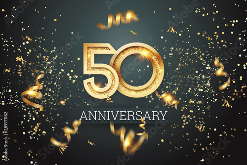 Golden numbers, 50 years anniversary celebration on dark background and confetti. celebration template, flyer. 3D illustration, 3D rendering