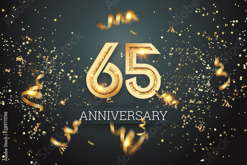 Golden numbers, 65 years anniversary celebration on dark background and confetti. celebration template, flyer. 3D illustration, 3D rendering photo