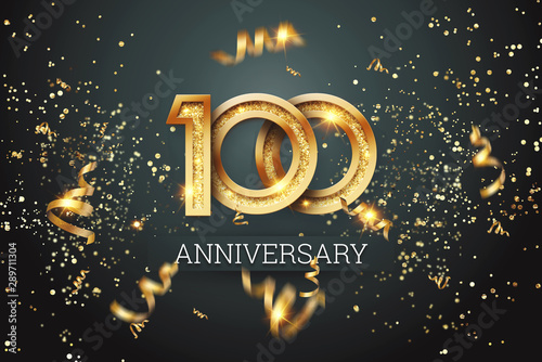 Golden numbers, 100 years anniversary celebration on dark background and confetti. celebration template, flyer. 3D illustration, 3D rendering photo