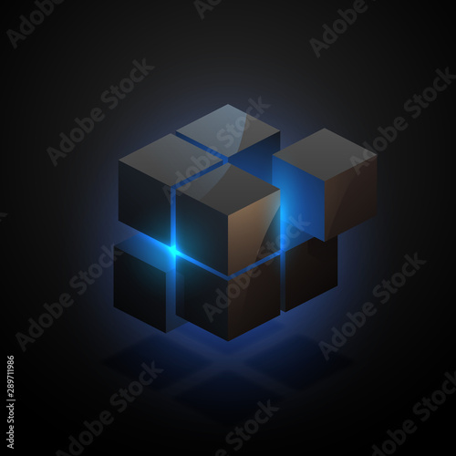 3D Fototapete Schwarze - Fototapete Abstract black cube with blue light