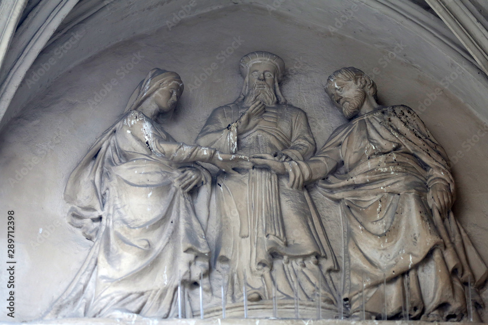 Engagement of the Virgin Mary, portal of Maria am Gestade church in Vienna, Austria