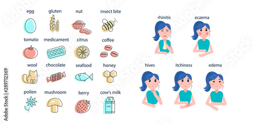 A girl with various manifestations of allergies. Allergy symptoms. And Icons-products that cause an allergic reaction. Vector graphics