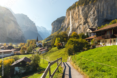 Lauterbrunned is the small village in valley with beautiful waterfall from the mountain