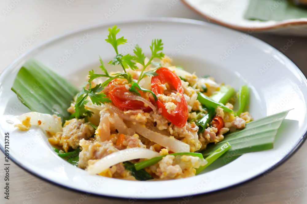 stir fried egg and minced pork or stir fried egg and fermented pork stir fried egg and minced pork or stir fried egg and fermented pork