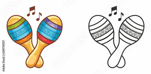 Maracas. Maraca. Percussion musik Instrument Maraca. Percussion. Rhythm percussion. Musical toy. Design elements set. Black and color vector illustration for coloring book. Outline silhouette line. photo