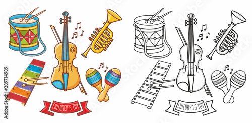 Musical instrument - Violin, drum, accordion, percussion, electric piano,  rhythmix, horn, saxophone, maracas. Cute cartoon musical instruments.Musical toy. Design elements set. Coloring book. Outline