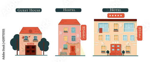 Set - Hotel, guest house, hostel. Vector illustration for hotel, travel, tourism, accommodation, vacation, hotel service, booking