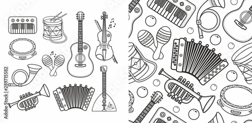 Musical instrument - Violin, drum, accordion, percussion, electric piano, guitar, rhythmix, horn, saxophone, balalaika, maracas. Cute cartoon musical instruments.coloring book. Outline silhouette line