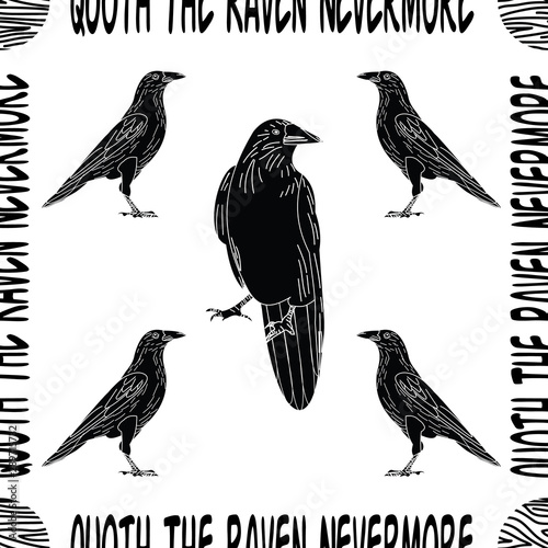 Vector Black Crows Ravens Birds on White with Poe Quote Seamless Repeat Pattern