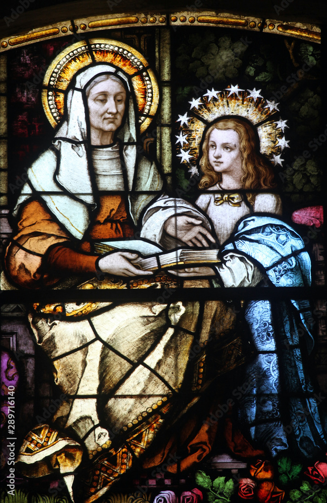 Obraz premium Saint Ann, stained glass window in the Catholic Church of the Birth of the Virgin Mary in Prcanj, Montenegro
