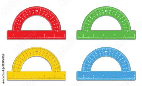 Set of realistic colorful protractors with 6 inch ruler icon. Math measure tool. Instrument for measuring angles. School supplies. Stationery