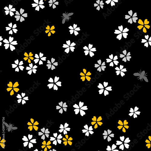 Vector botanical seamless pattern. Blooming small sakura flowers and bees. Simple plain daisies floral background. Good for textile, fabric, fashion design and wallpaper,