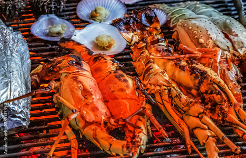 Lobster grilling barbecue on aluminum foil