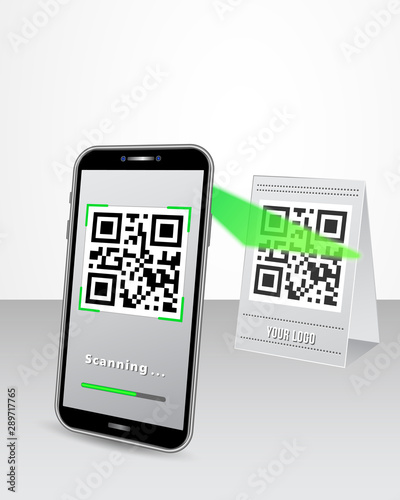 Scanning QR code product price tag using smartphone in perspective view isolated on white glossy table. Design concept for online shopping, cashless payment technology. Copy space.