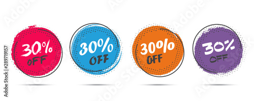 Set of grunge sticker with 30 percent off in a flat design with halftone. For sale, promotion, advertising