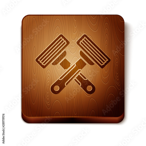Brown Crossed shaving razor icon isolated on white background. Wooden square button. Vector Illustration
