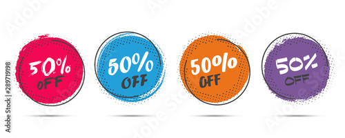 Set of grunge sticker with 50 percent off in a flat design with halftone. For sale, promotion, advertising