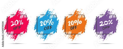 Set of grunge sticker with 20 percent off in a flat design with halftone. For sale, promotion, advertising