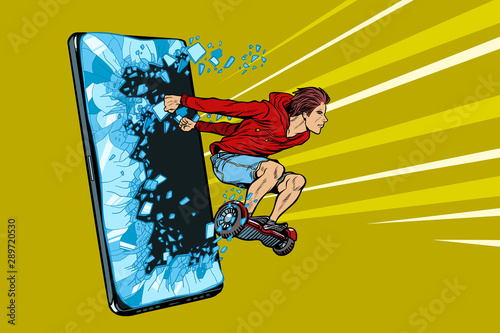 youth smartphone. a young man rides a gyroscope