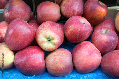 beautiful red apples are on the table  top view  background  benefits and harm of apples  properties  diet  vegetarianism.