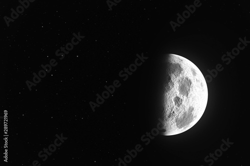 Moon phase realistic illustration on black background. Detailed moon surface with craters in the space