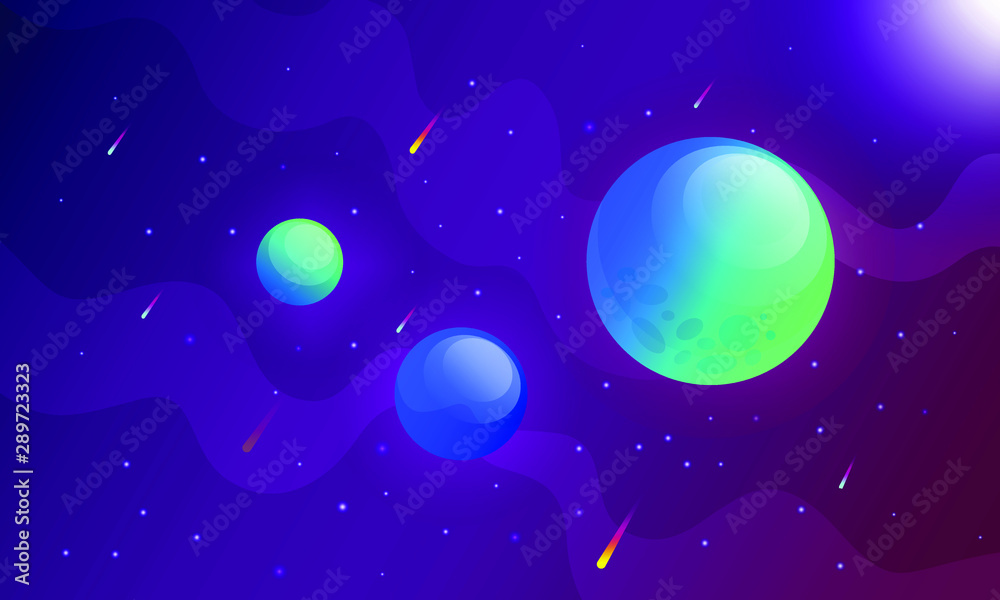 Space vector background. Horizontal banner with planets, comets, star in galaxy. Can use for website, landing page, wallpaper, backdrop, poster, brochure, flyer, car, book cover, business startup.