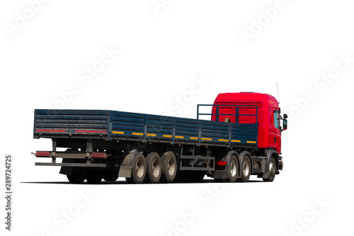 Truck with red cab and open body on white background